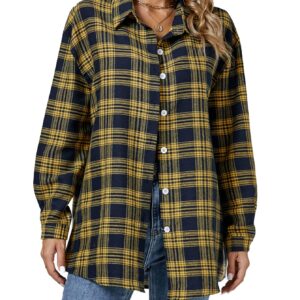 LYANER Women's Long Sleeve Plaid Collar Button Down Boyfriend Shirt Blouse Top Yellow and Blue Large