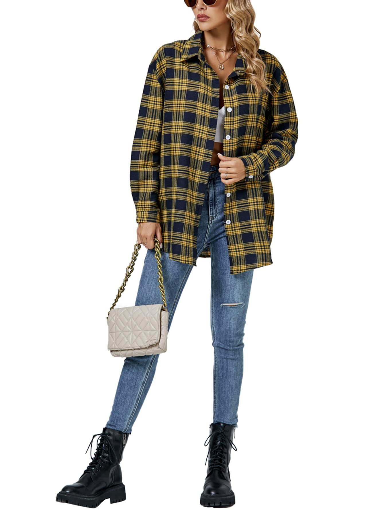 LYANER Women's Long Sleeve Plaid Collar Button Down Boyfriend Shirt Blouse Top Yellow and Blue Large