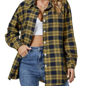 LYANER Women's Long Sleeve Plaid Collar Button Down Boyfriend Shirt Blouse Top Yellow and Blue Large