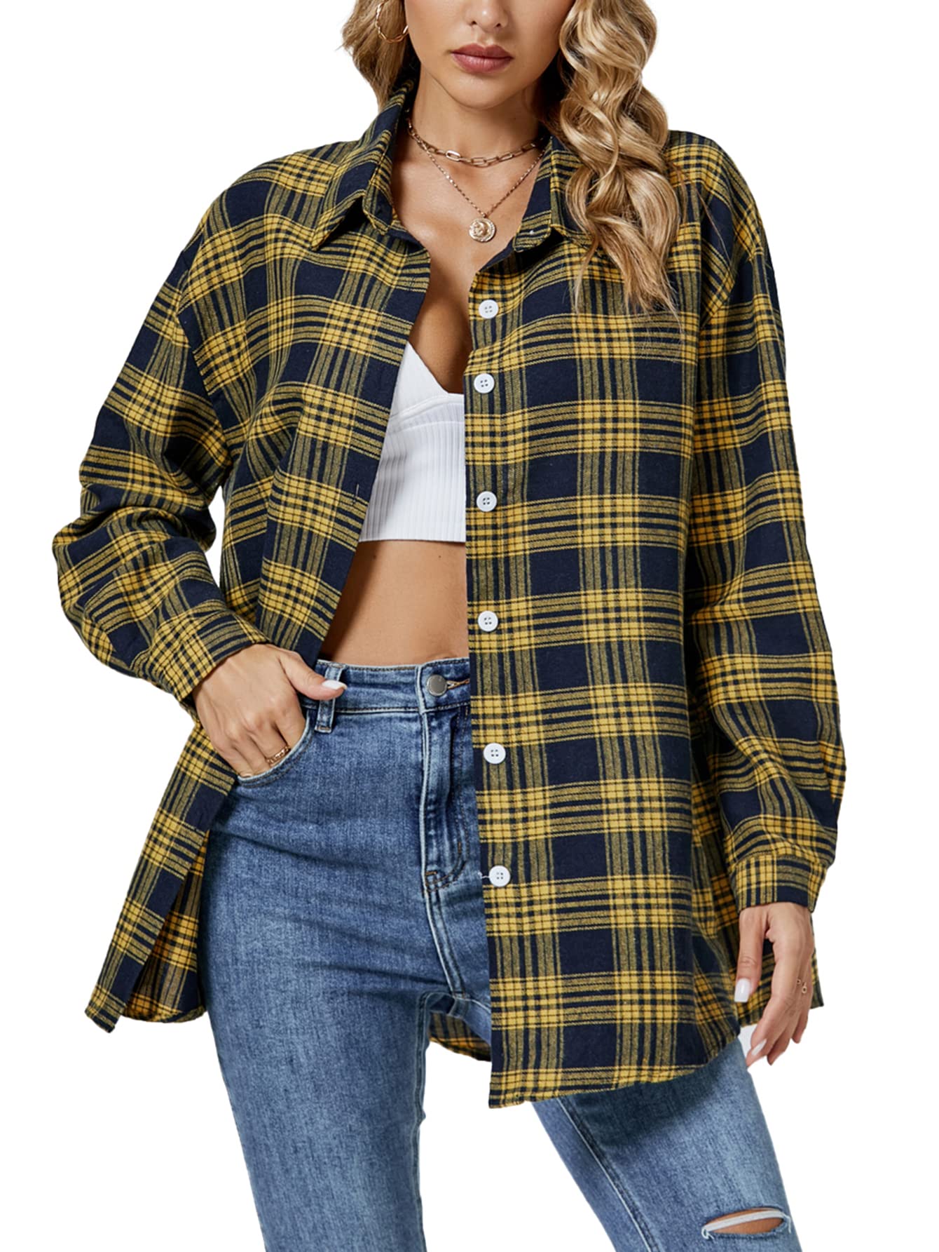 LYANER Women's Long Sleeve Plaid Collar Button Down Boyfriend Shirt Blouse Top Yellow and Blue Large