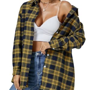 LYANER Women's Long Sleeve Plaid Collar Button Down Boyfriend Shirt Blouse Top Yellow and Blue Large