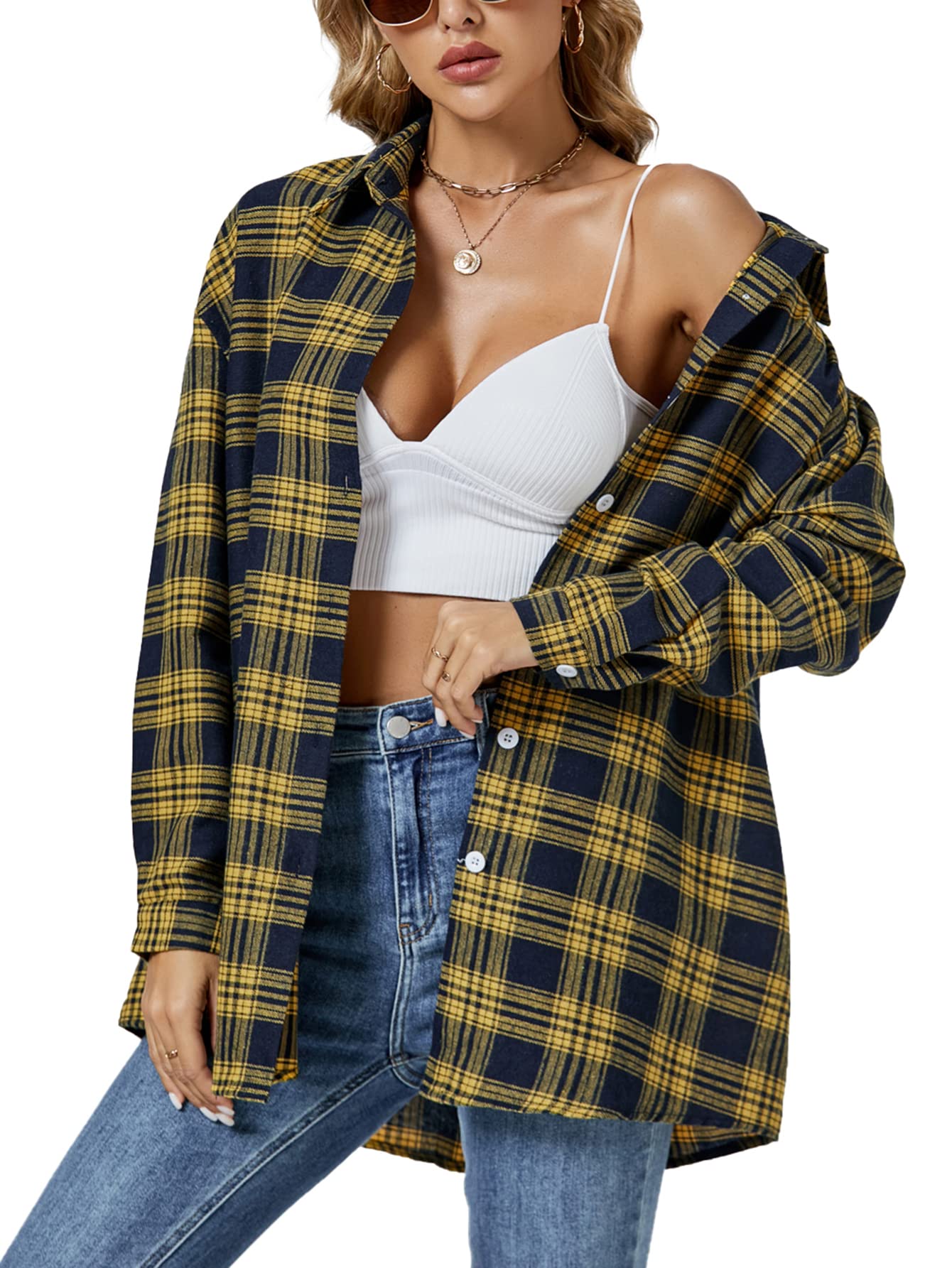 LYANER Women's Long Sleeve Plaid Collar Button Down Boyfriend Shirt Blouse Top Yellow and Blue Large