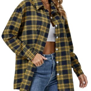 LYANER Women's Long Sleeve Plaid Collar Button Down Boyfriend Shirt Blouse Top Yellow and Blue Large