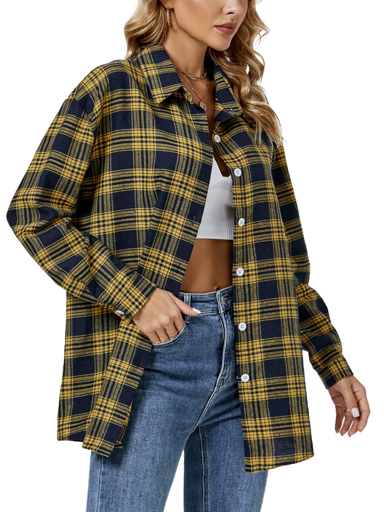 LYANER Women's Long Sleeve Plaid Collar Button Down Boyfriend Shirt Blouse Top Yellow and Blue Large