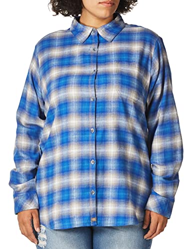 Dickies Women's Long Sleeve Flannel Shirt, Ombre Blue Grey Plaid, Medium