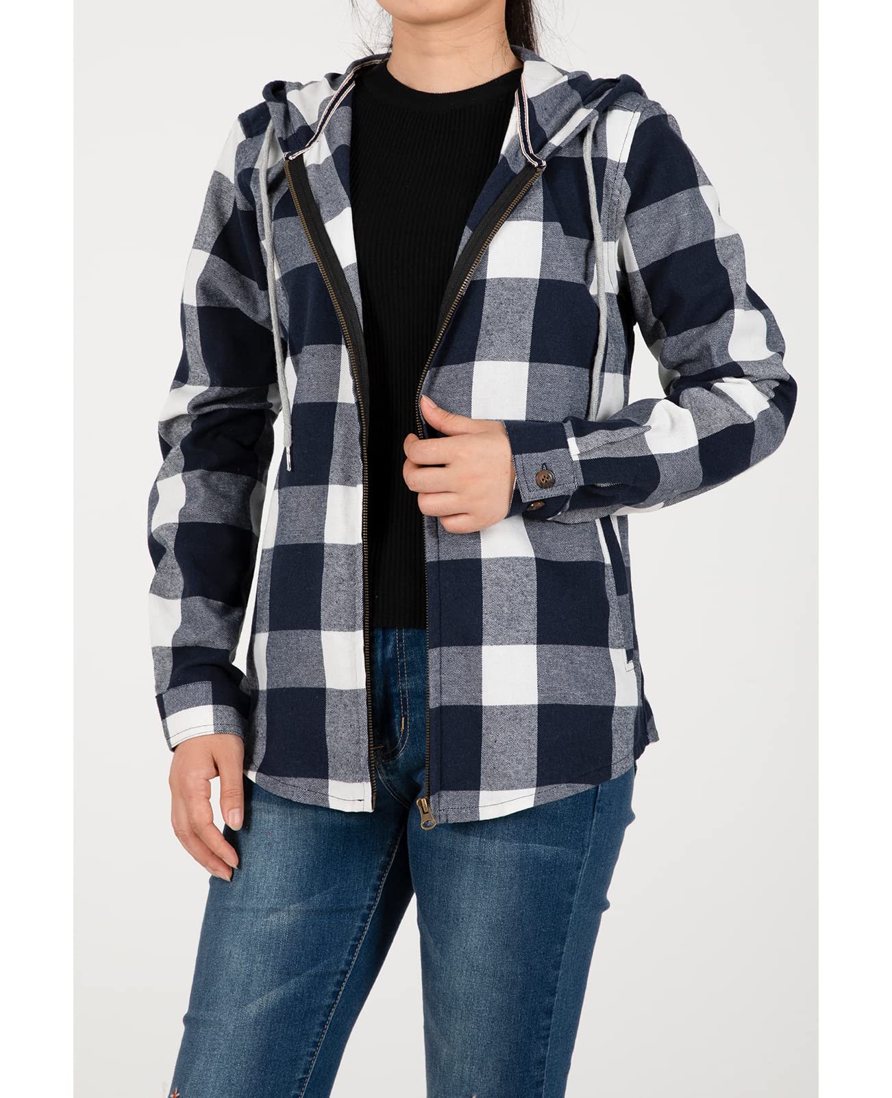 Plaid Flannel Shirts for Women Hooded Flannel Shirt oversized Zip Up Flannel Hoodies Fall Flannel Shacket Blue White XXL