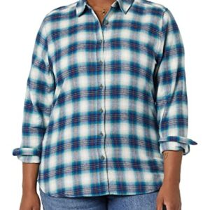 Goodthreads Women's Brushed Flannel Drop-Shoulder Long-Sleeve Shirt, Blue White Tartan, Large