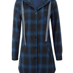 GRACE KARIN Womens's Long Sleeve Plaid Shirts Flannels Cotton Check Hooded Shirt S Blue