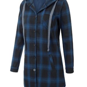 GRACE KARIN Womens's Long Sleeve Plaid Shirts Flannels Cotton Check Hooded Shirt S Blue