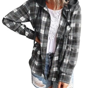 Ezcosplay Women Shacket Flannel Plaid Tops Long Sleeve Plaid Blouse Hood Button Down Casual Shirt Coat