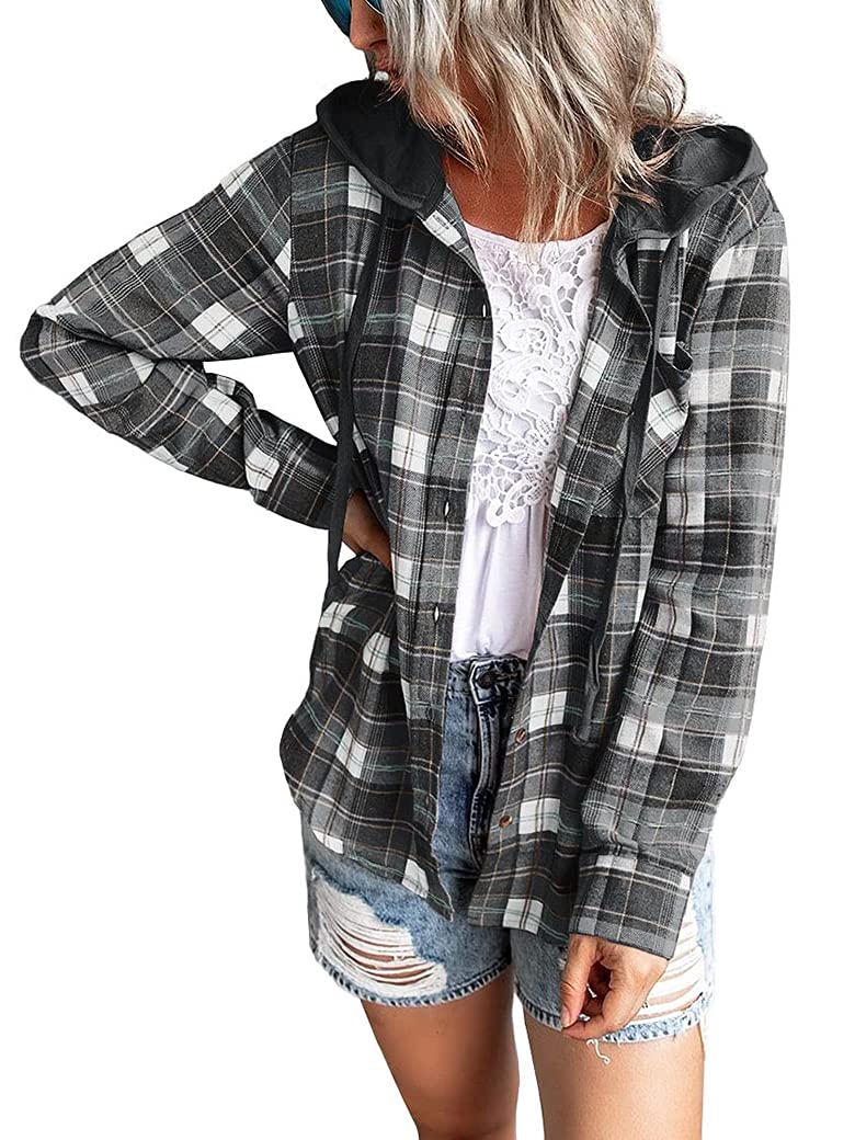 Ezcosplay Women Shacket Flannel Plaid Tops Long Sleeve Plaid Blouse Hood Button Down Casual Shirt Coat