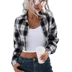 SweatyRocks Women's Cute Color Block Long Sleeve Crop Tops Plaid Button Down Blouse White Black Plaid L