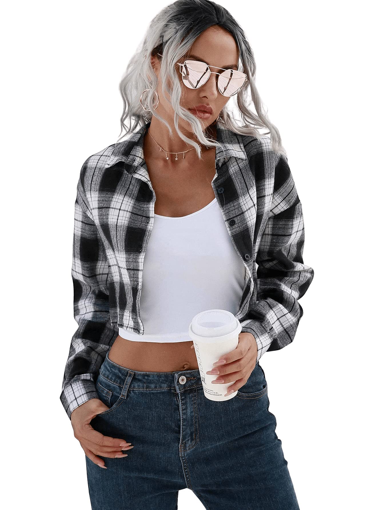 SweatyRocks Women's Cute Color Block Long Sleeve Crop Tops Plaid Button Down Blouse White Black Plaid L