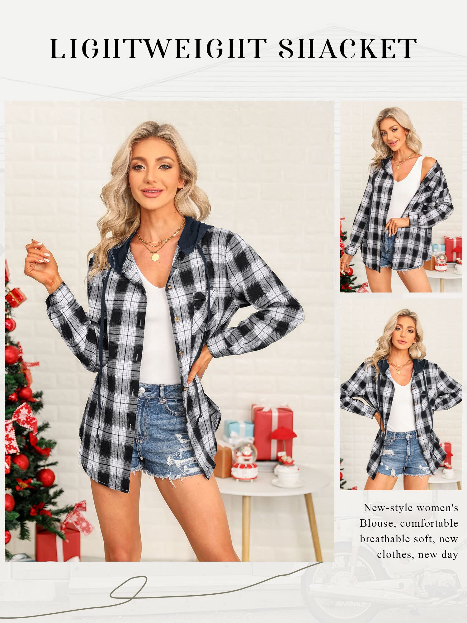 Ezcosplay Women Shacket Flannel Plaid Tops Long Sleeve Plaid Blouse Hood Button Down Casual Shirt Coat