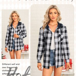 Ezcosplay Women Shacket Flannel Plaid Tops Long Sleeve Plaid Blouse Hood Button Down Casual Shirt Coat