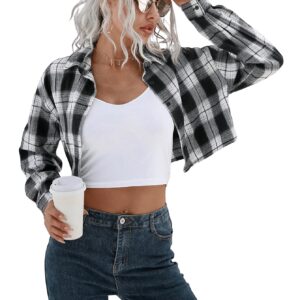 SweatyRocks Women's Cute Color Block Long Sleeve Crop Tops Plaid Button Down Blouse White Black Plaid L