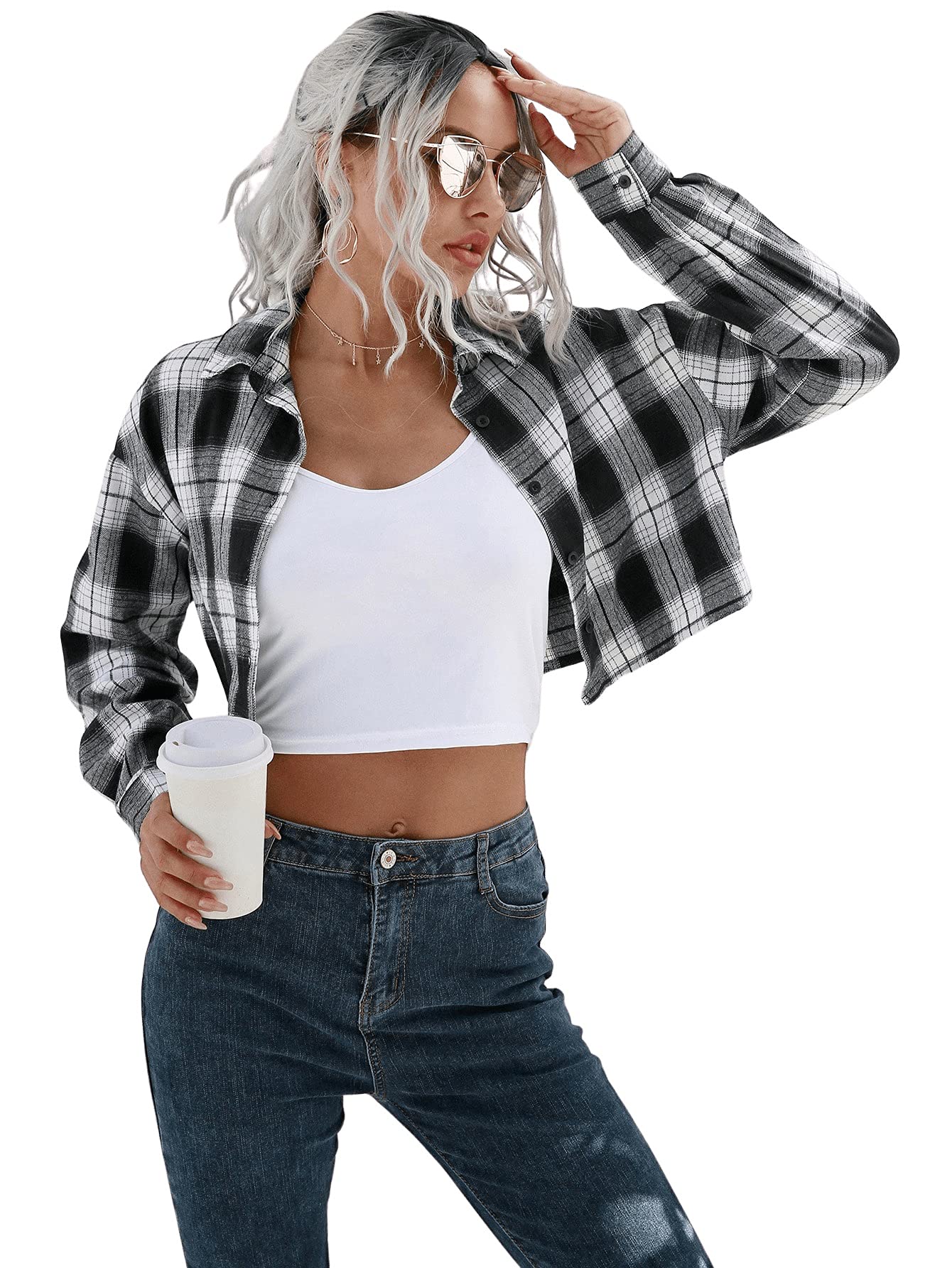 SweatyRocks Women's Cute Color Block Long Sleeve Crop Tops Plaid Button Down Blouse White Black Plaid L