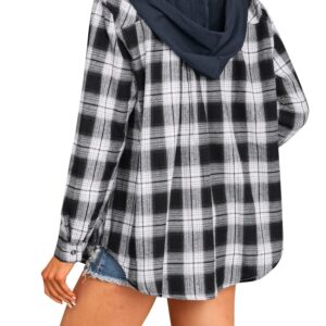 Ezcosplay Women Shacket Flannel Plaid Tops Long Sleeve Plaid Blouse Hood Button Down Casual Shirt Coat