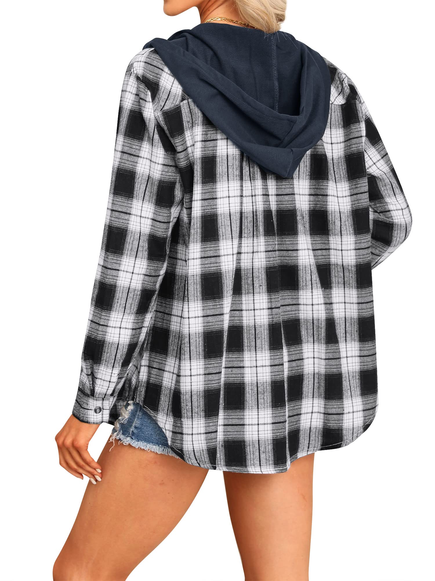 Ezcosplay Women Shacket Flannel Plaid Tops Long Sleeve Plaid Blouse Hood Button Down Casual Shirt Coat