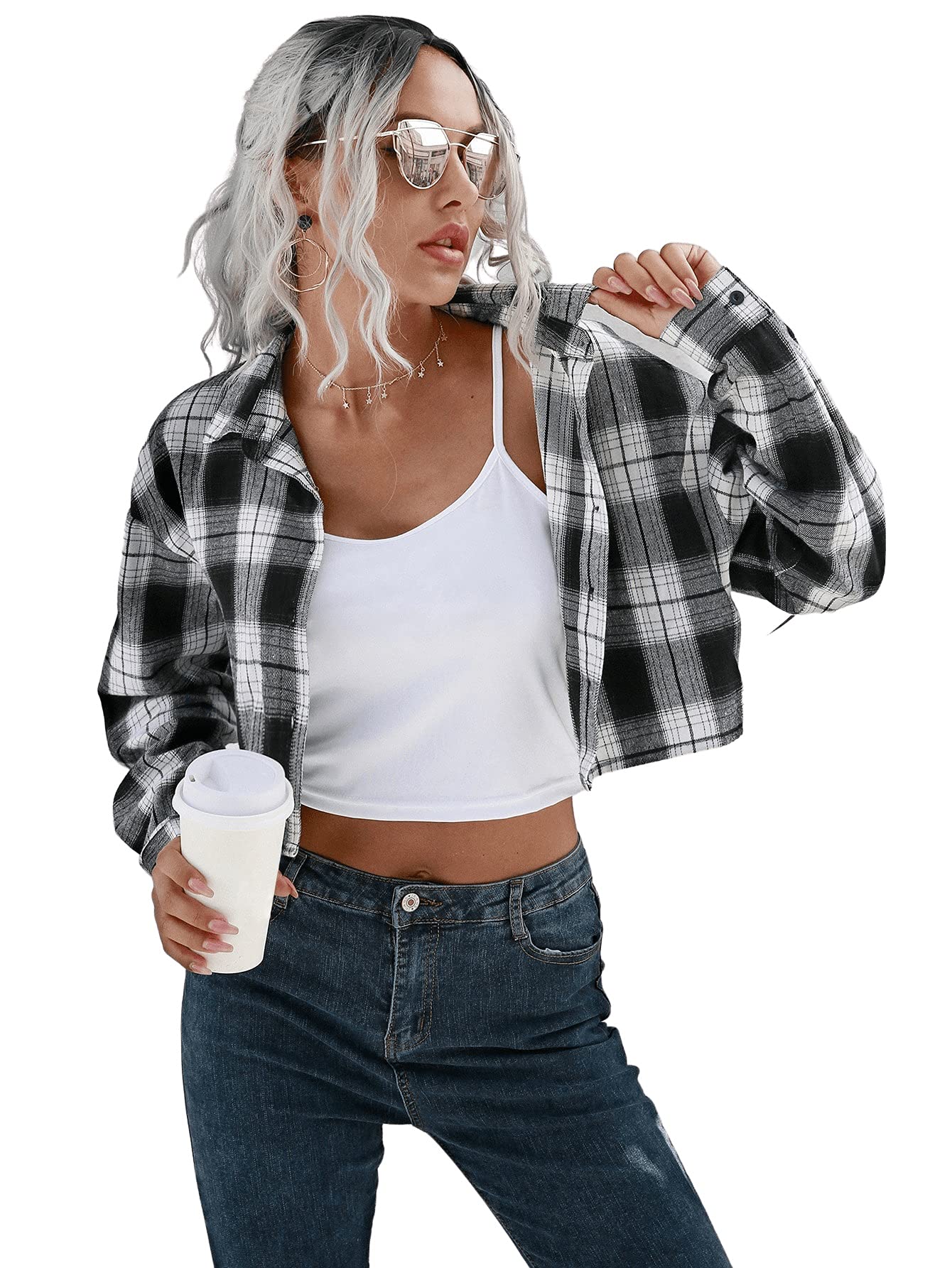 SweatyRocks Women's Cute Color Block Long Sleeve Crop Tops Plaid Button Down Blouse White Black Plaid L