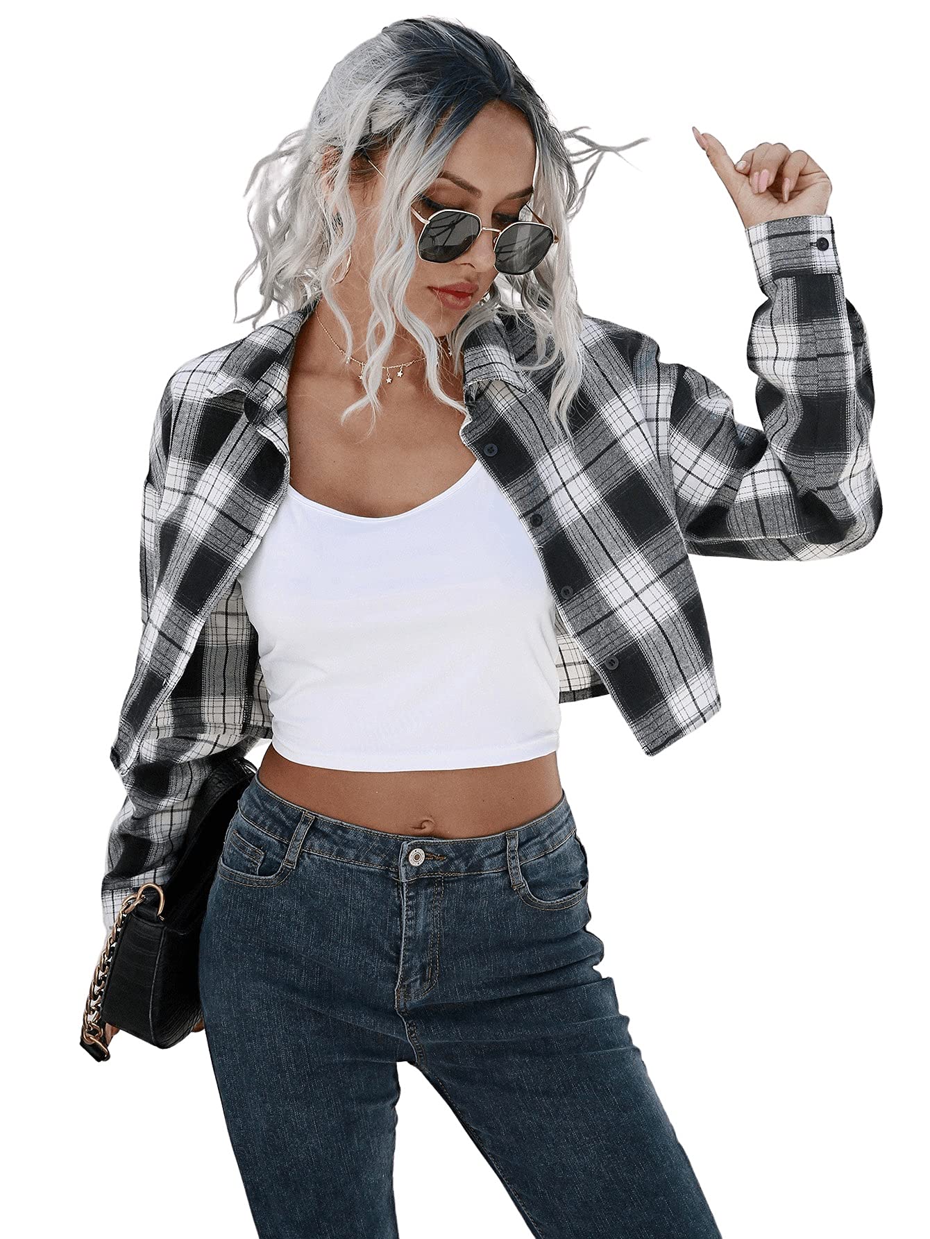 SweatyRocks Women's Cute Color Block Long Sleeve Crop Tops Plaid Button Down Blouse White Black Plaid L