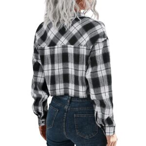 SweatyRocks Women's Cute Color Block Long Sleeve Crop Tops Plaid Button Down Blouse White Black Plaid L