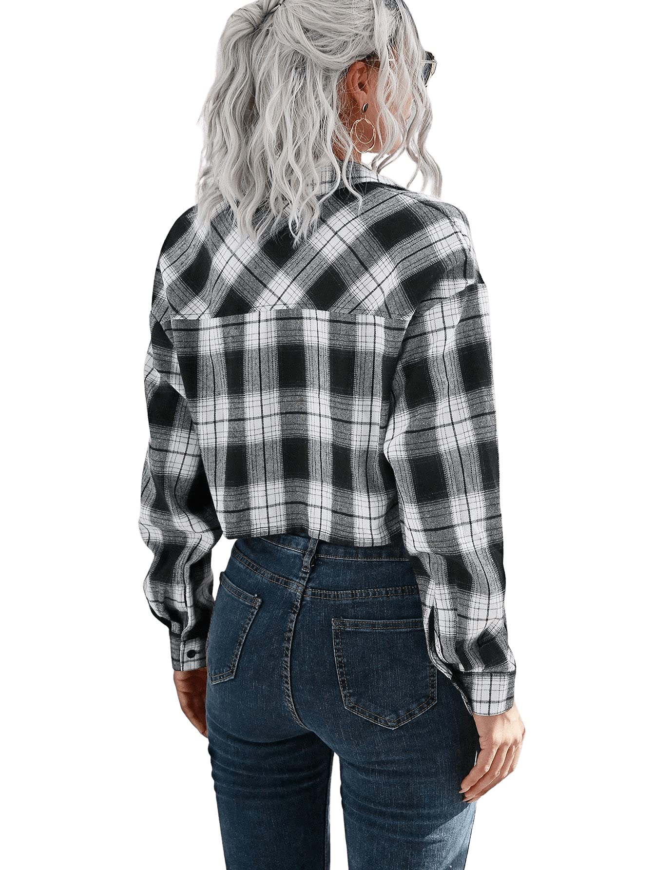 SweatyRocks Women's Cute Color Block Long Sleeve Crop Tops Plaid Button Down Blouse White Black Plaid L