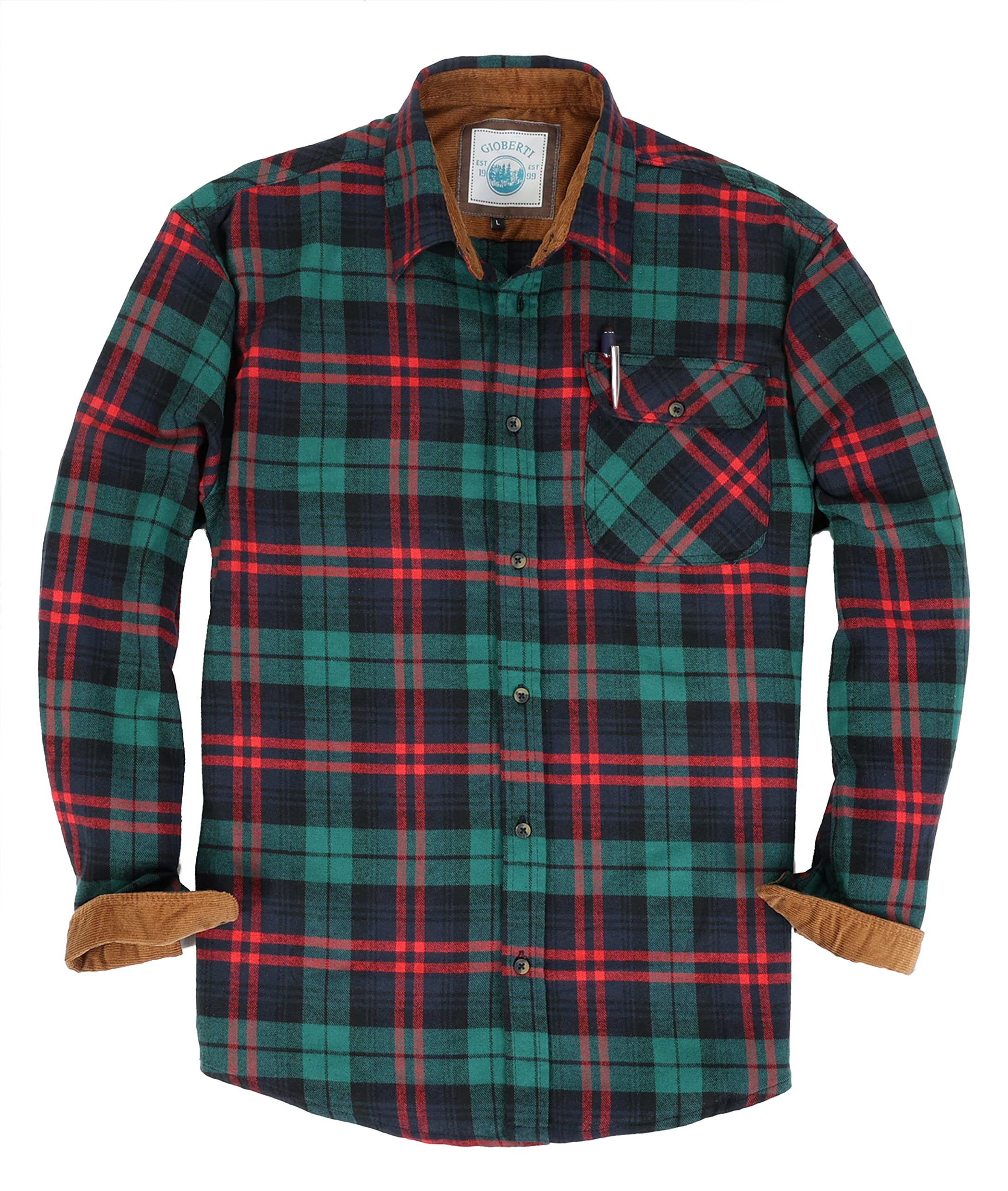 Gioberti Men's Brushed Flannel 100% Cotton Plaid Checkered Shirt with Corduroy Contrast, Green/Red, Medium