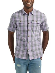 lee men's extreme motion all purpose classic fit short sleeve button down worker shirt, orchid plaid