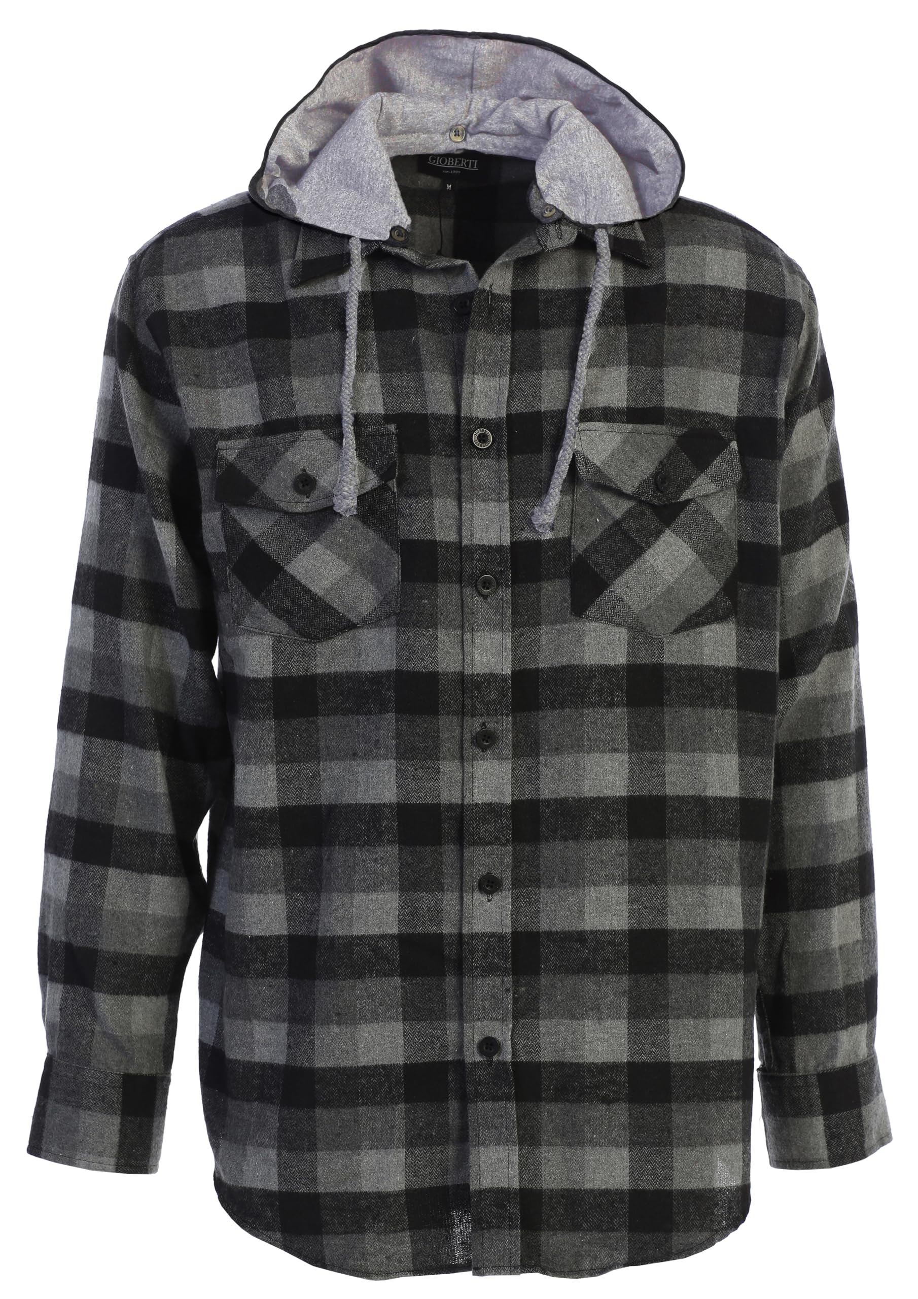 Gioberti Men's Removable Hoodie Plaid Checkered Flannel Shirt, Black/Charcoal/Gray, Medium