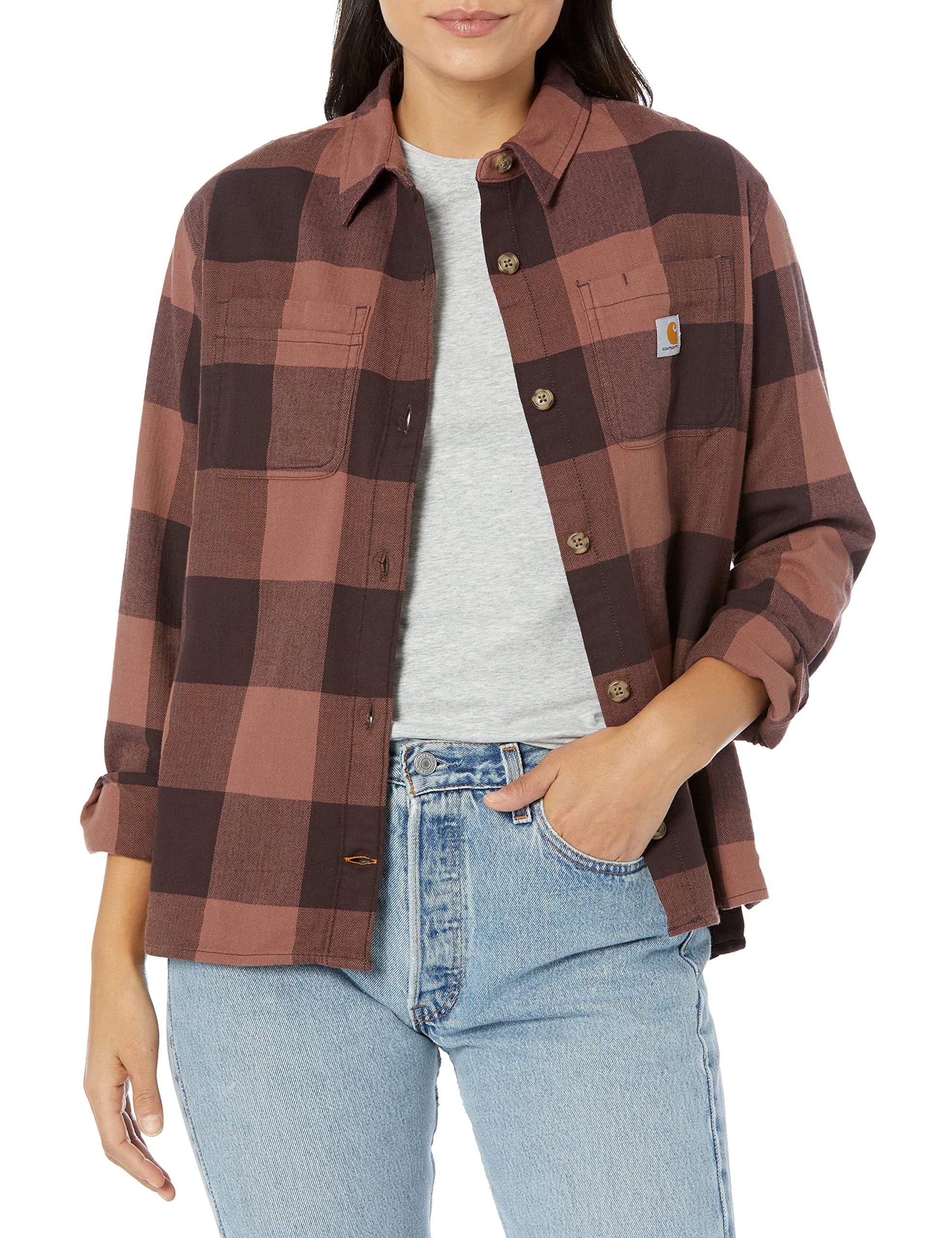 Carhartt Women's Rugged Flex Loose Fit Midweight Flannel Long-Sleeve Plaid Shirt, BlackBerry, Large