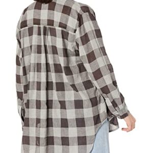 Angie Womens Plaid Oversize Button UP, Grey, Medium