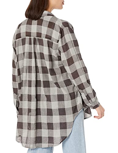 Angie Womens Plaid Oversize Button UP, Grey, Medium