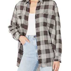 Angie Womens Plaid Oversize Button UP, Grey, Medium