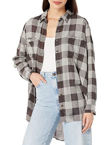 Angie Womens Plaid Oversize Button UP, Grey, Medium