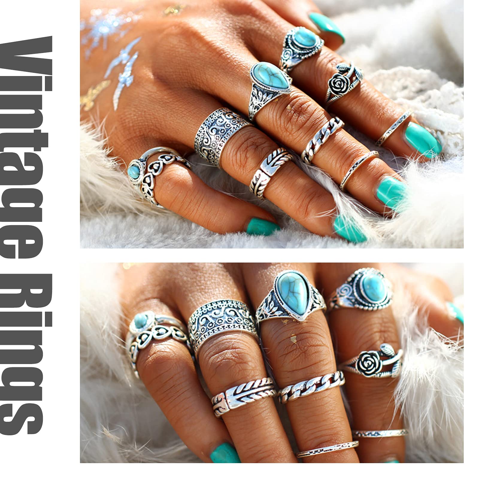 17 MILE 82 Pcs Vintage Silver Knuckle Rings Set for Women, Bohemian Stackable Joint Finger Rings, Retro Stone Crystal Stacking Midi Rings Pack (Silver)