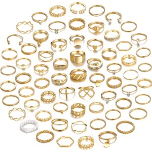 yeezii 68 pcs gold knuckle rings set for women, stackable rings boho joint finger midi rings hollow carved crystal stacking rings pack