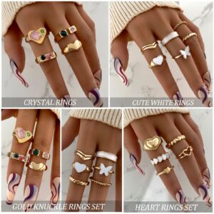 Dodder 70 Pcs Vintage Gold Knuckle Rings Set for Women, Boho Crystal Finger Rings Aesthetic Heart Chunky Ring, Silver Stackable Midi Rings Pack for Gift