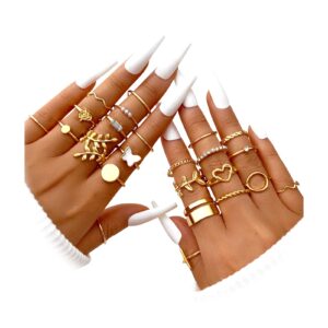 ÌF ME 24 Pcs Gold Vintage Knuckle Rings Set for Women, Boho Dainty Stackable Midi Finger Rings, Snake Butterfly Signet Fashion Ring Pack Jewelry Gifts. (24-pcs gold)