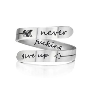 vrycot adjustable stainless steel silver never give up ring inspirational opening stacking cute hiphop bands