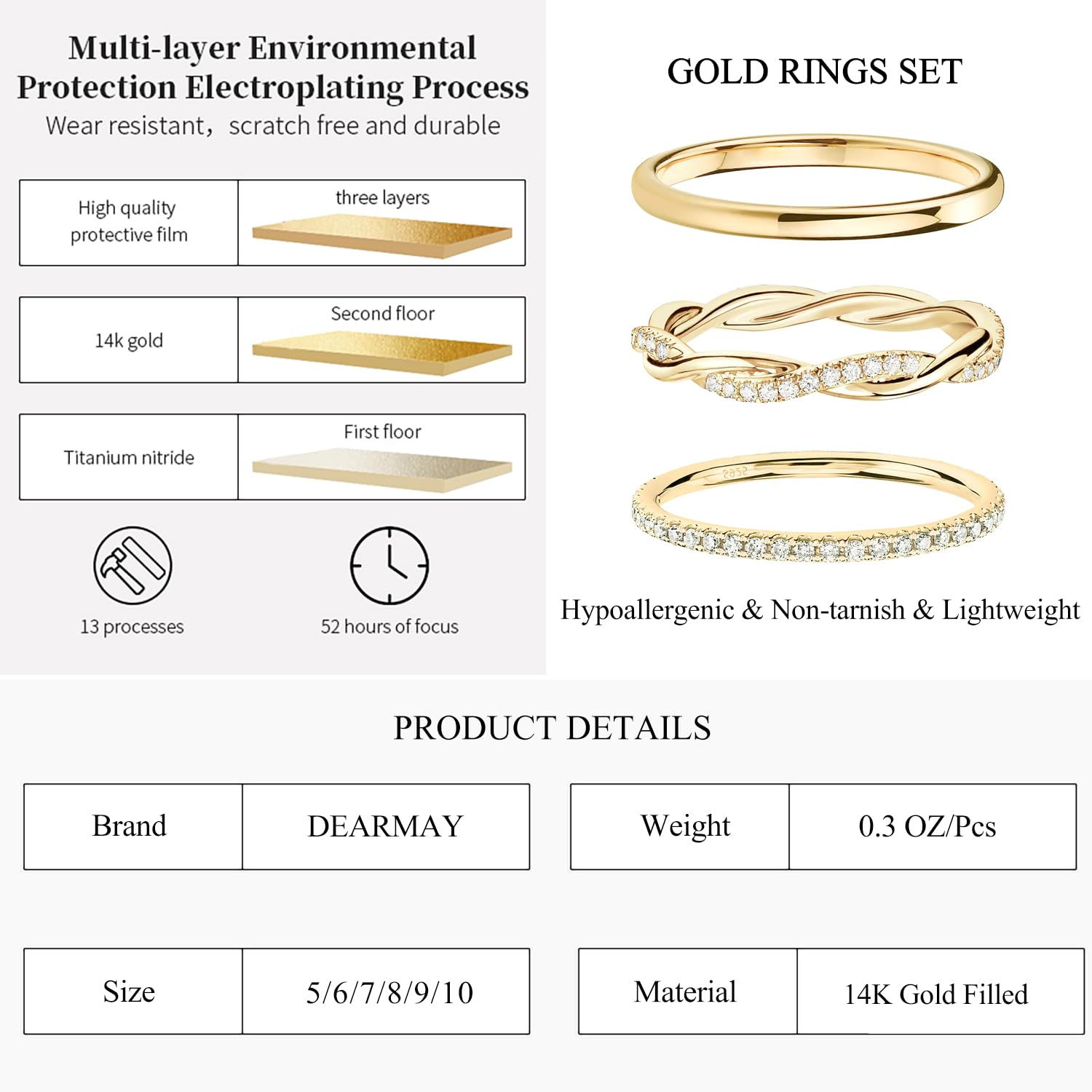 DEARMAY Stackable Gold Ring Set for Women, Dainty 14K Real Gold Ring Jewelry Diamond Trendy Twisted Fashion Thin Cubic Zirconia Simple Non Tarnish Thumb Unique Statement Rings Pack Size 5/6/7/8/9/10,