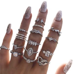 belicey 9-15pcs knuckle stacking rings set for women crystal rhinestone finger statement vintage joint knot mid rings for teen girls jewelry accessories (silver)