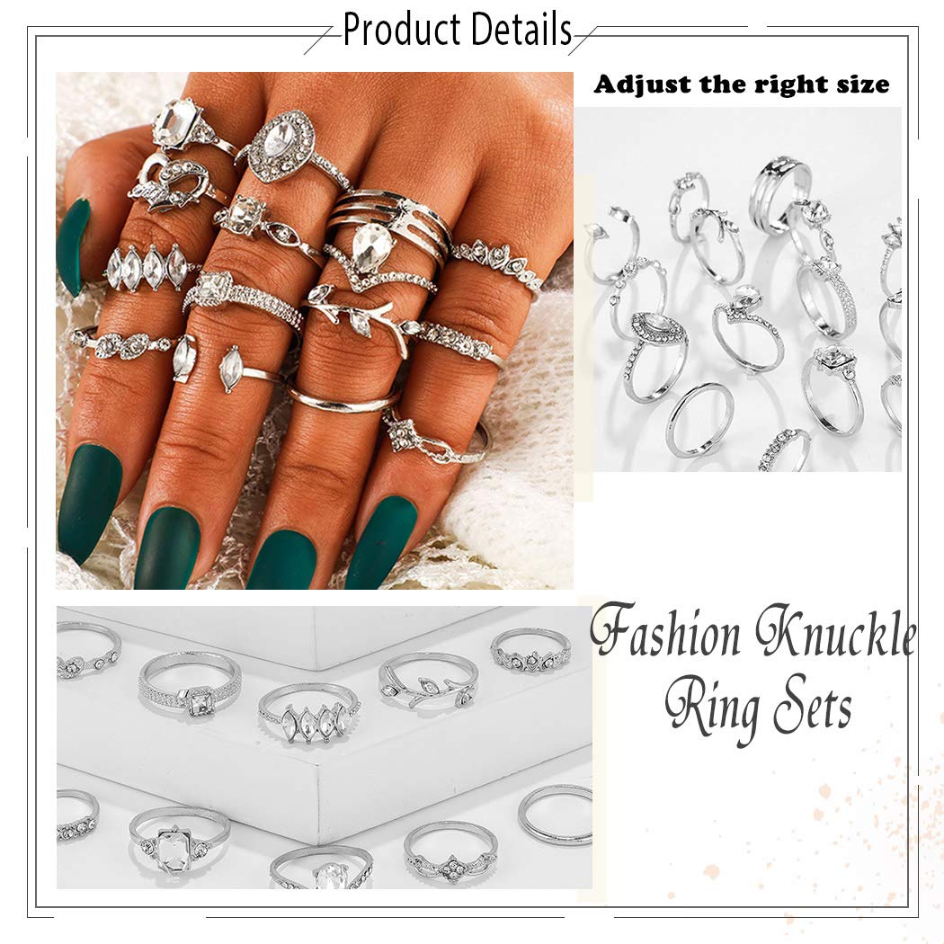 BELICEY 9-15PCS Knuckle Stacking Rings Set for Women Crystal Rhinestone Finger Statement Vintage Joint Knot Mid Rings for Teen Girls Jewelry Accessories (Silver)