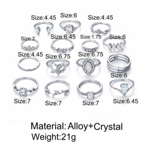 BELICEY 9-15PCS Knuckle Stacking Rings Set for Women Crystal Rhinestone Finger Statement Vintage Joint Knot Mid Rings for Teen Girls Jewelry Accessories (Silver)