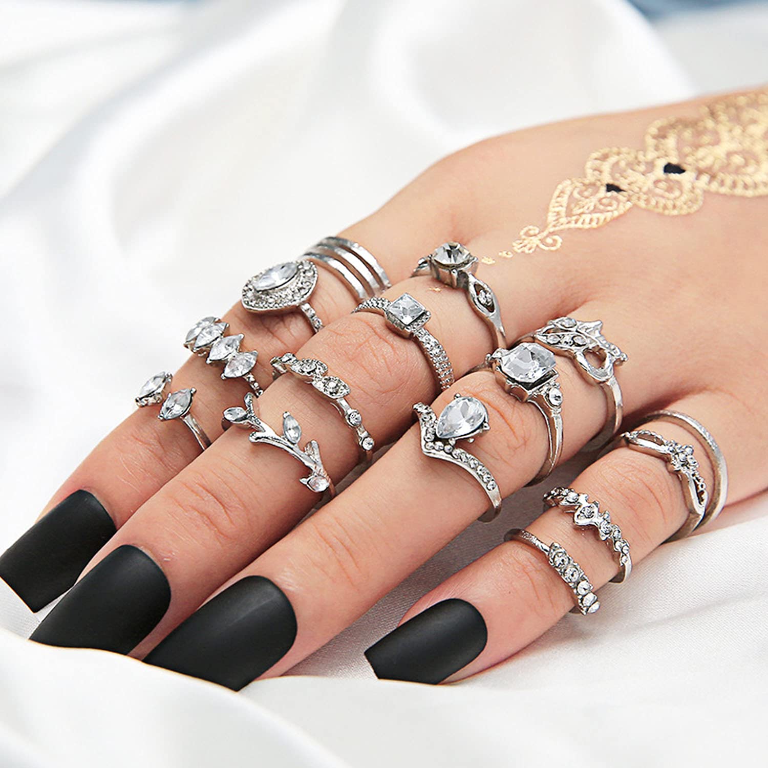 BELICEY 9-15PCS Knuckle Stacking Rings Set for Women Crystal Rhinestone Finger Statement Vintage Joint Knot Mid Rings for Teen Girls Jewelry Accessories (Silver)