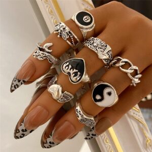 Vintage Silver Open Punk Rings for Men Women, 24PCS Adjustable Rings, Alt Rings, Chunky Silver Rings, Bulky Rings, Hippie Rings ,Cool Gothic Ring,Statement Stacking Ring, Skull Snake Star Flower Heart