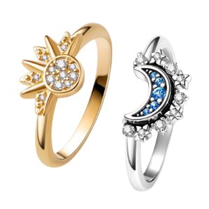 UNE DOUCE Celestial Sun and Moon Ring Set, Sparkling Sun Ring/Blue Moon Ring with 14k Gold/Silver Plating, Friendship Promise Ring, Stackable Celestial Rings, Gift for Women