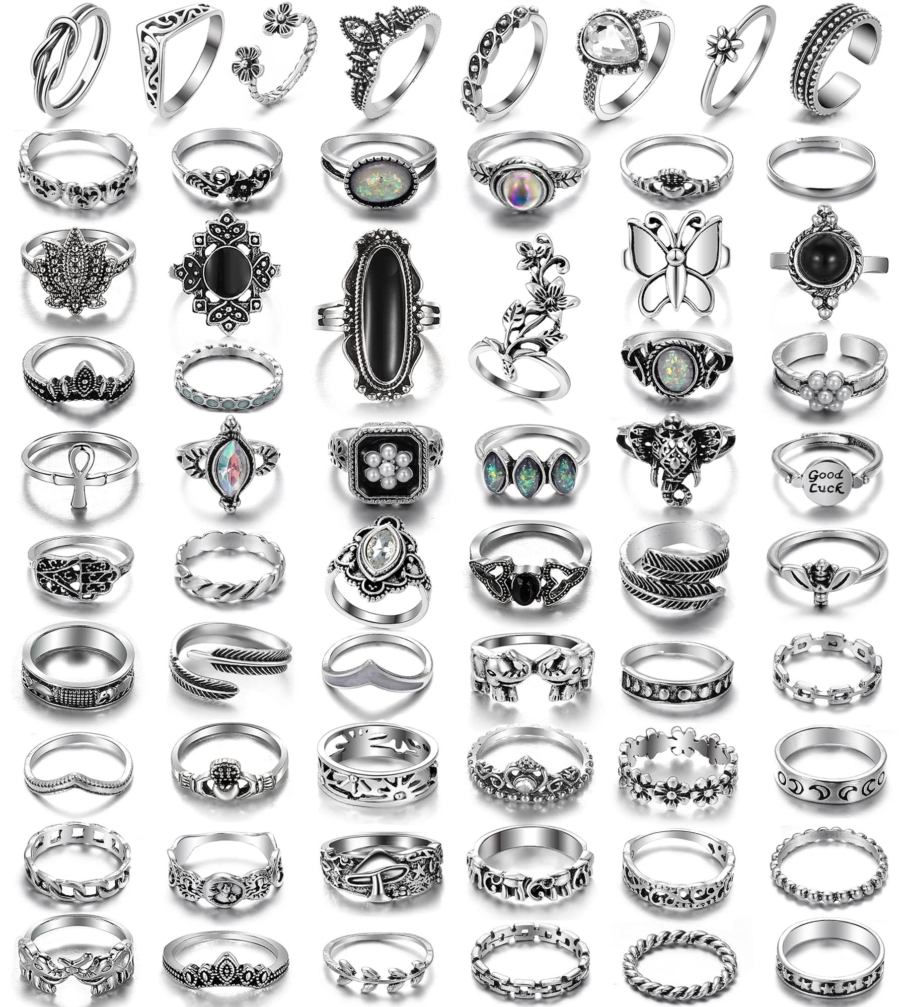 17IF 60 PCS Vintage Silver Goth Ring Set for Women Girl, Punk Boho Chunky Knuckle Stackable Finger Ring Pack Aesthetic Grunge Adjustable Retro Stone Opal Crystal Cat Snake Flower Gothic Rings