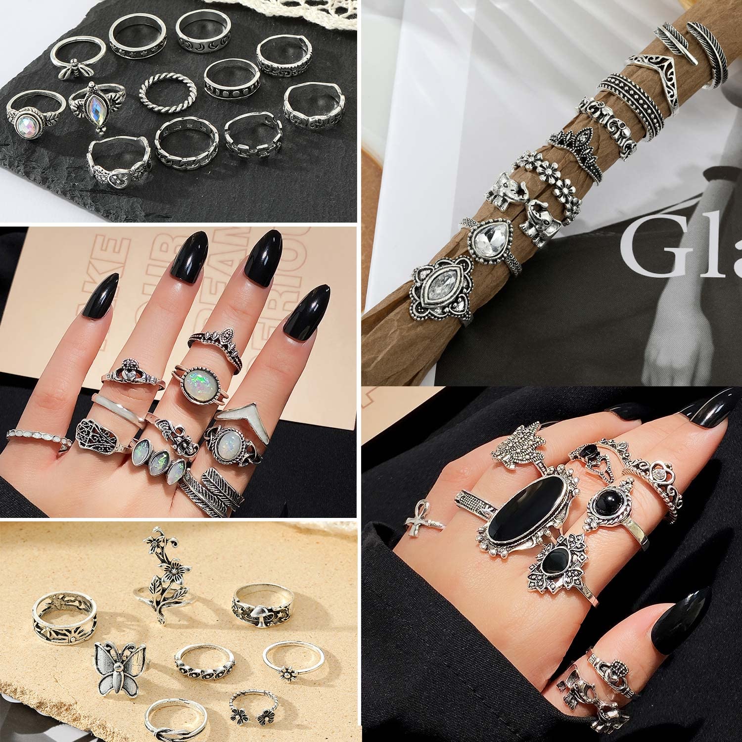 17IF 60 PCS Vintage Silver Goth Ring Set for Women Girl, Punk Boho Chunky Knuckle Stackable Finger Ring Pack Aesthetic Grunge Adjustable Retro Stone Opal Crystal Cat Snake Flower Gothic Rings