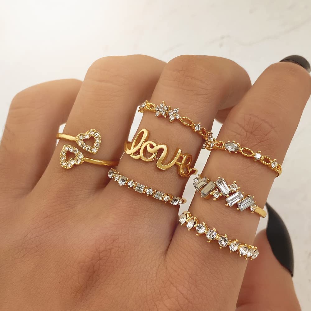 KISS WIFE Gold Stackable Moon Star Knuckle Rings Set for Women, Boho Dainty Lightweight Stacking Rings, Vintage Midi Rings Pack, Jewelry Gift for Her (Love Gold 7 Pcs)